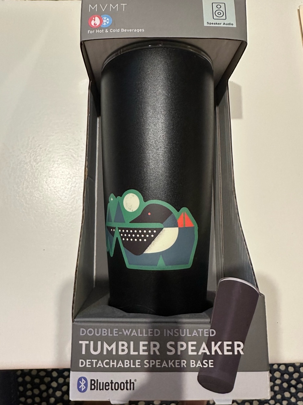 MVMT Black Tumbler Speaker with Multicolor Geometric Loon Graphic